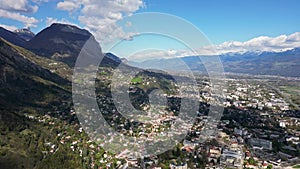 Aerial drone view from above Fort de La Bastille on the panorama of Grenoble - France, French Alps