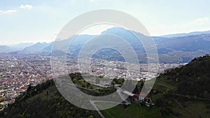 Aerial drone view from above Fort de La Bastille on the panorama of Grenoble - France, French Alps