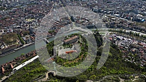 Aerial drone view from above Fort de La Bastille on the panorama of Grenoble - France, French Alps