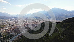 Aerial drone view from above Fort de La Bastille on the panorama of Grenoble - France, French Alps