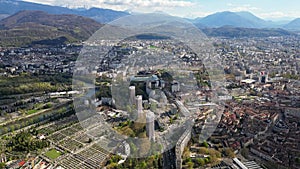Aerial drone view from above Fort de La Bastille on the panorama of Grenoble - France, French Alps