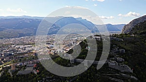 Aerial drone view from above Fort de La Bastille on the panorama of Grenoble - France, French Alps