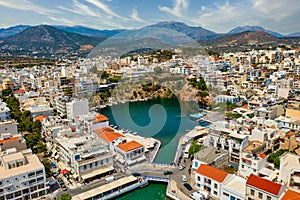 Aerial drone view of Agios Nikolaos, Crete, Greece.