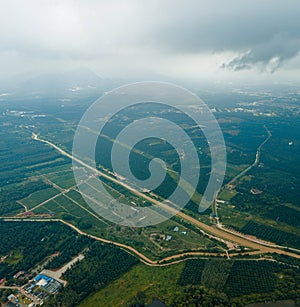 Aerial drone view of agriculture land scenery with river at Jasin, Melaka, Malaysia