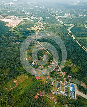 Aerial drone view of agriculture land scenery with river at Jasin, Melaka, Malaysia