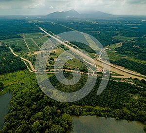 Aerial drone view of agriculture land scenery with river at Jasin, Melaka, Malaysia