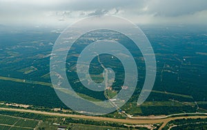 Aerial drone view of agriculture land scenery with river at Jasin, Melaka, Malaysia