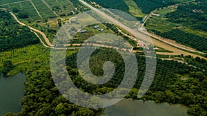 Aerial drone view of agriculture land scenery with river at Jasin, Melaka, Malaysia