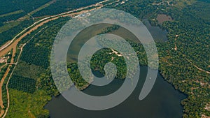 Aerial drone view of agriculture land scenery with river at Jasin, Melaka, Malaysia