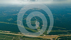 Aerial drone view of agriculture land scenery with river at Jasin, Melaka, Malaysia