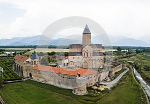 Aerial drone view Alaverdi Monastery in Kakheti, Georgia