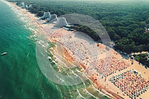 Aerial drone view of Albena sandy beach resort, Bulgaria photo