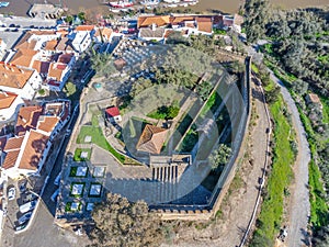 Aerial drone view of Alcoutim Castle (Castelo de Alcoutim) in the border town of Alcoutim, Algarve, on the banks