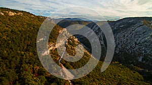 Aerial drone view of amazing autumn colors in fall forest. Val Rosandra Glinscica Trieste Italy photo