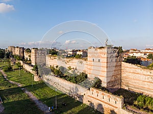 Aerial Drone View of Ancient Constantinople`s Walls in Istanbul / Byzantine Constantinople Entrance is Dedicated to Belgrade.