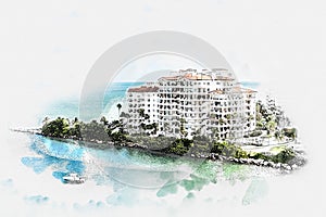 Aerial drone view of apartments in Fisher Island in Miami, digital watercolor drawing