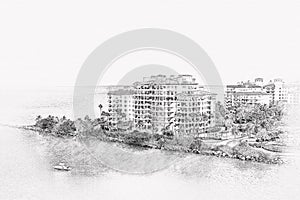 Aerial drone view of apartments in Fisher Island in Miami, hand drawn style pencil sketch