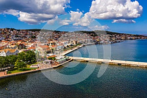 Aerial drone view of Argostoli (Argostolion), famous city and capital of Cefalonia (Kefalonia) island, Ionian islands, Greece.