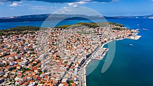 Aerial drone view of Argostoli (Argostolion), famous city and capital of Cefalonia (Kefalonia) island, Ionian islands, Greece.