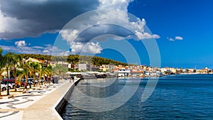 Aerial drone view of Argostoli (Argostolion), famous city and capital of Cefalonia (Kefalonia) island, Ionian islands, Greece.