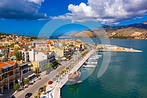 Aerial drone view of Argostoli (Argostolion), famous city and capital of Cefalonia (Kefalonia) island, Ionian islands, Greece.