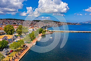 Aerial drone view of Argostoli Argostolion, famous city and capital of Cefalonia Kefalonia island, Ionian islands, Greece.