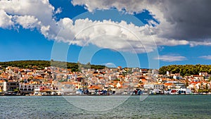 Aerial drone view of Argostoli (Argostolion), famous city and capital of Cefalonia (Kefalonia) island, Ionian islands, Greece. photo