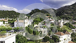 Aerial drone view of Argyroupoli village. Historical center architecture. Greece famous travel tourism landmark