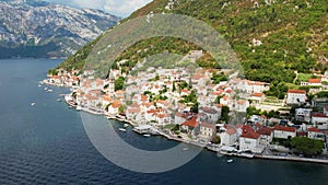Aerial drone view of authentic architecture of Perast and Kotor bay.