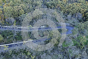 Aerial drone view autumn landscape curved road of \