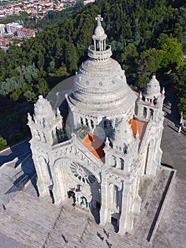 Aerial drone view of the Basilica of Santa Luzia in Viana do Castelo. Religous architecture concept