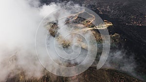 Aerial drone view of Batur volcano caldera in Bali