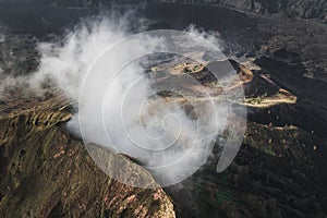 Aerial drone view of Batur volcano caldera in Bali