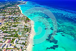 Aerial drone view of Bavaro Beach, Punta Cana resort in Dominican Republic. Travel and vacation background photo
