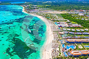 Aerial drone view of Bavaro Beach, Punta Cana resort in Dominican Republic. Travel and vacation background