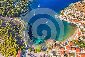 Aerial drone view of beautiful Assos village on Kefalonia Island in Greece