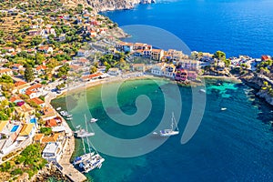 Aerial drone view of beautiful Assos village on Kefalonia Island in Greece