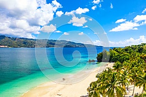 Aerial drone view of beautiful caribbean tropical island Cayo Levantado beach with palms. Bacardi Island, Dominican Republic. photo