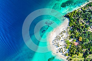 Aerial drone view of beautiful caribbean tropical island Cayo Levantado beach with palms. Bacardi Island, Dominican Republic. photo