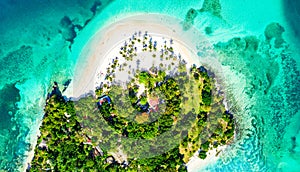Aerial drone view of beautiful caribbean tropical island Cayo Levantado beach with palms. Bacardi Island, Dominican Republic. photo