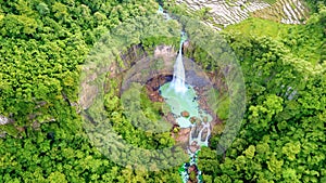 Aerial drone view of beautiful Ciletuh waterfall