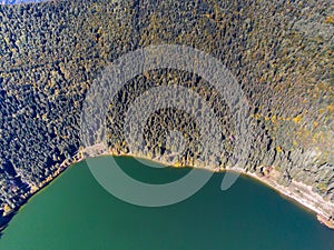 Aerial drone view, beautiful , clean volcanic lake called Saint Anna