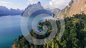 Aerial drone view of beautiful mountains and lake in Khao Sok National Park, Surat Thani photo