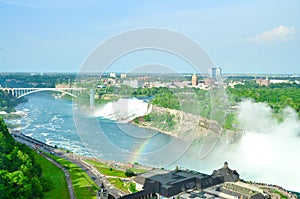 Aerial drone view of a beautiful rainbow over the Rainbow bridge in Niagara falls