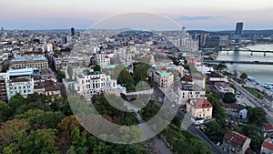 Aerial Drone view of Belgrade, capital of Serbia. Downtown morning in twilight. Center of Belgrade Danube, Sava rivers