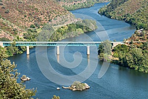 Aerial drone view of the Belver bridge over the Tagus river in Portugal