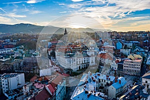 Aerial drone view on Bielsko-Biala. Bielsko-Biala is a city in southern Poland