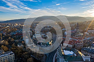 Aerial drone view on Bielsko-Biala. Bielsko-Biala is a city in southern Poland.