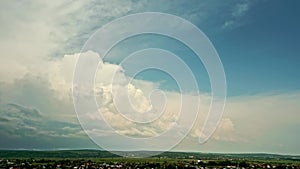 Aerial drone view. Big white cloud. Coming hard thunderstorm Panoramic view