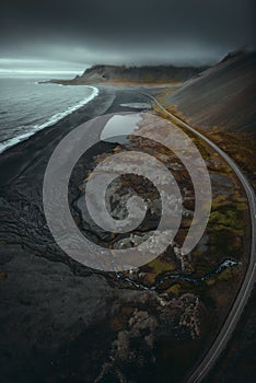 Aerial view of black sand beach and road, Iceland